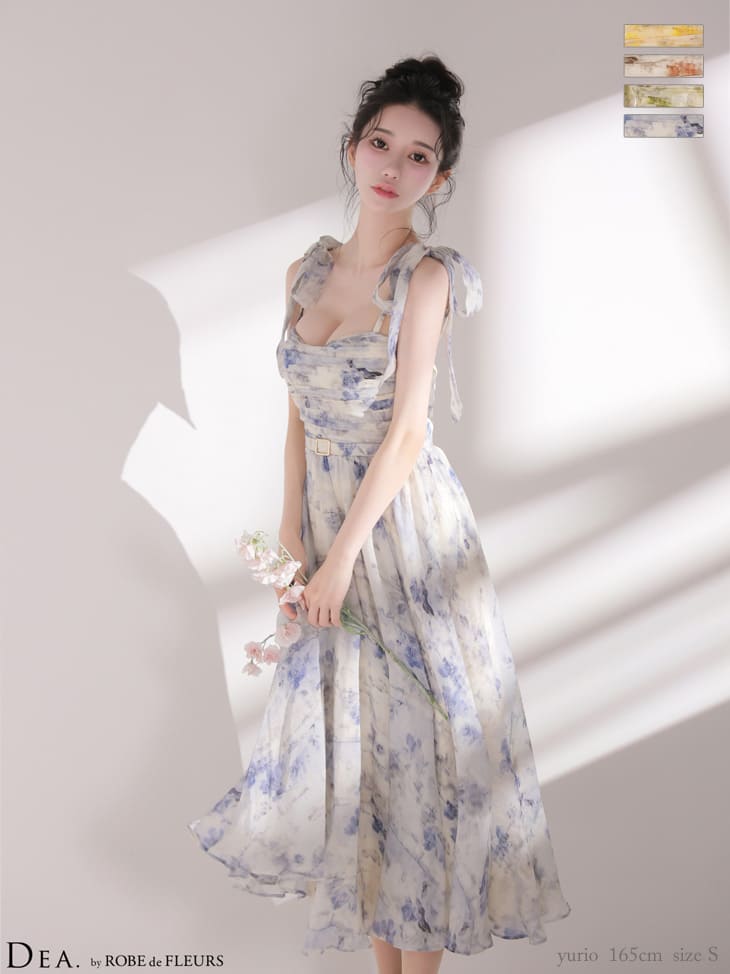 キャバドレス DEA.by ROBE de FLEURS ディア ブラーフローラル シフォン キャミソール リボン ギャザー Aラインロングドレス