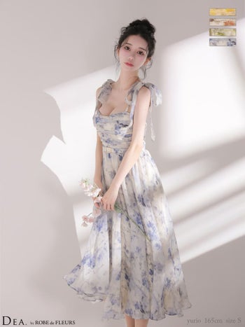 キャバドレス DEA.by ROBE de FLEURS ディア ブラーフローラル シフォン キャミソール リボン ギャザー Aラインロングドレス