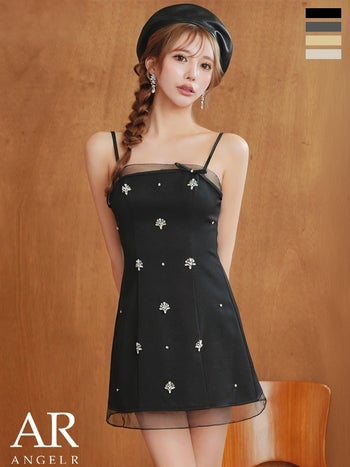 キャバドレス Angel R エンジェルアール リボン ビジュー メッシュ キャミソール フレアミニドレス