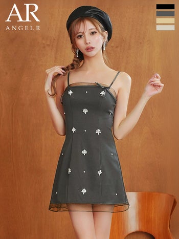 キャバドレス Angel R エンジェルアール メッシュ キャミソール リボン ビジュー フレアミニドレス