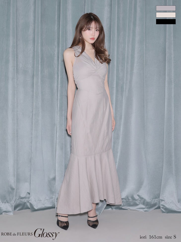 キャバドレス Glossy by ROBE de FLEURS グロッシー ローブドフルール ホルターネック バッククロスデザイン ウエストシェイプ セットアップ サテン ギャザー マーメイドロングドレス