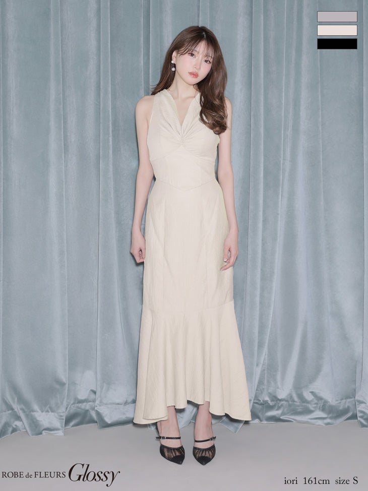 キャバドレス Glossy by ROBE de FLEURS グロッシー ローブドフルール セットアップ サテン ギャザー ホルターネック バッククロスデザイン ウエストシェイプ マーメイドロングドレス