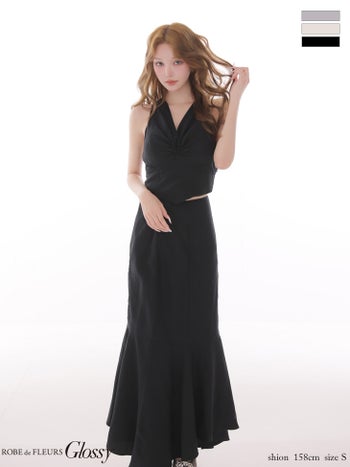 キャバドレス Glossy by ROBE de FLEURS グロッシー ローブドフルール ウエストシェイプ バッククロスデザイン セットアップ サテン ギャザー ホルターネック マーメイドロングドレス
