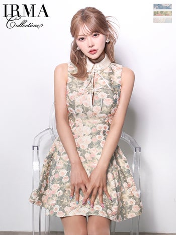 キャバドレス IRMA イルマ 襟付き ノースリーブ カットデザイン リボン 花柄 フレアミニドレス