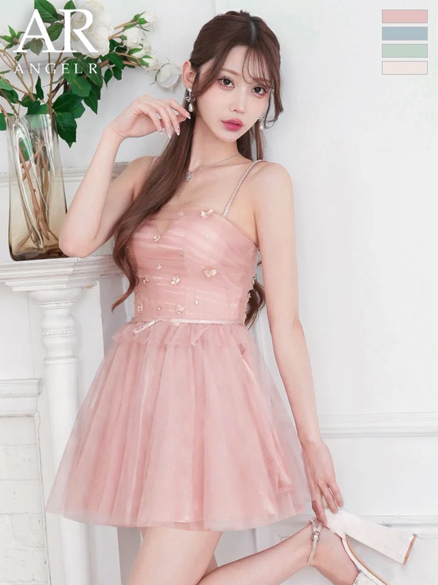 キャバドレス Angel R エンジェルアール キャミソール アッパーフラワーデザイン ウエストリボン シフォン フリル フレアミニドレス