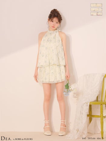 キャバドレス DEA.by ROBE de FLEURS ディア フラワープリント セットアップ シフォン シアーフリル ティアード ホルターネック フレアミニドレス