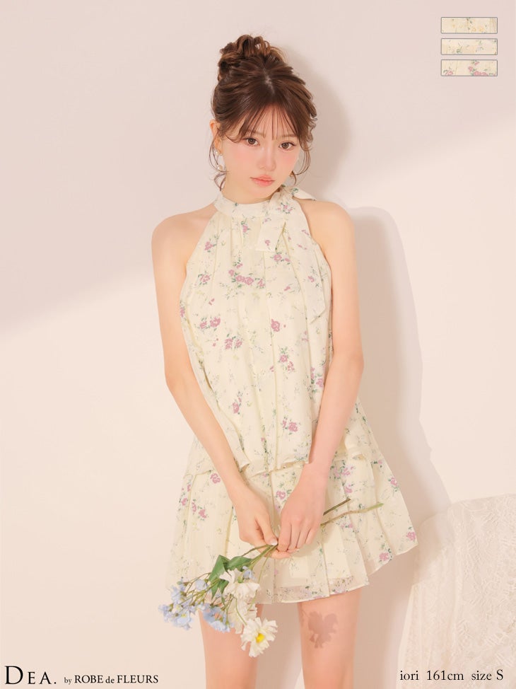 キャバドレス DEA.by ROBE de FLEURS ディア シフォン シアーフリル ティアード フラワープリント セットアップ ホルターネック フレアミニドレス