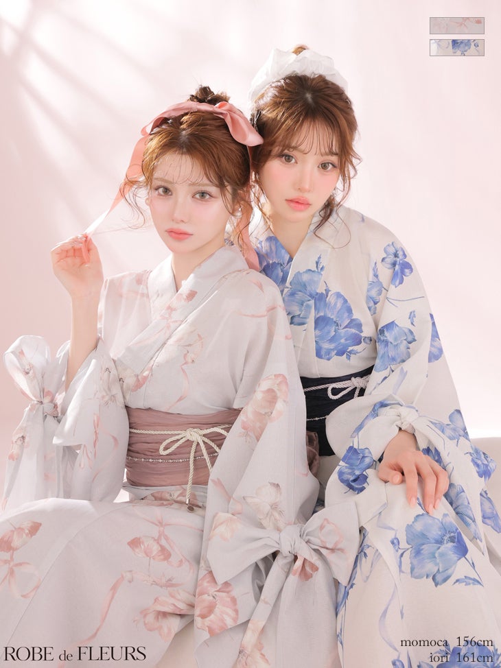 浴衣 ゆかた ROBEdeFLEURS ローブドフルール 袖リボン フラワープリント フェミニン ガーリー 3点SET