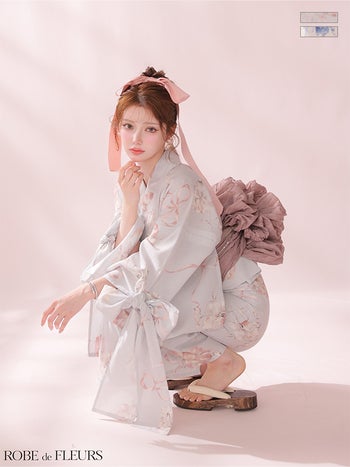 浴衣 ゆかた ROBEdeFLEURS ローブドフルール フラワープリント フェミニン 袖リボン ガーリー 3点SET
