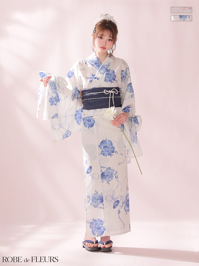 浴衣 ゆかた ROBEdeFLEURS ローブドフルール フラワープリント 袖リボン フェミニン ガーリー 3点SET 