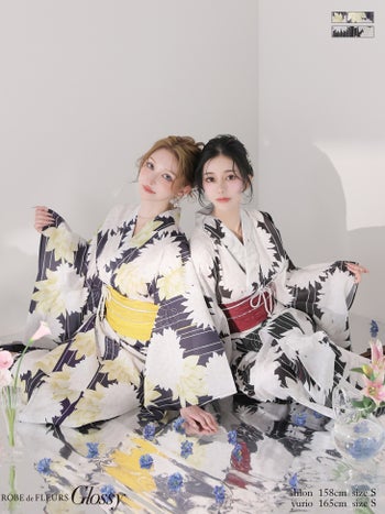 浴衣 ゆかた Glossy グロッシー ROBE de FLEURS ローブドフルール  モダン 大花柄 ダリア 縦縞 3点SET 