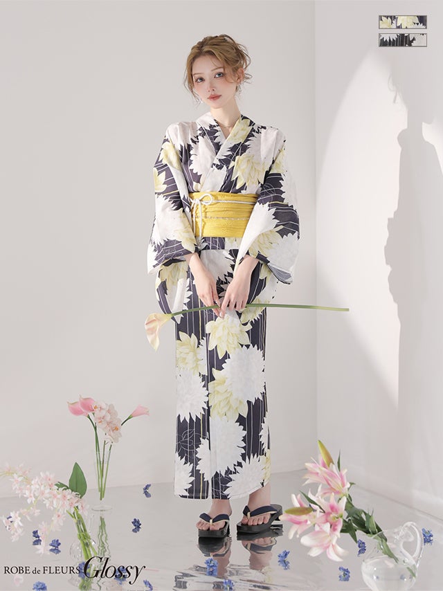 浴衣 ゆかた Glossy ROBE de FLEURS グロッシー ローブドフルール 大花柄 ダリア 縦縞 モダン 3点SET