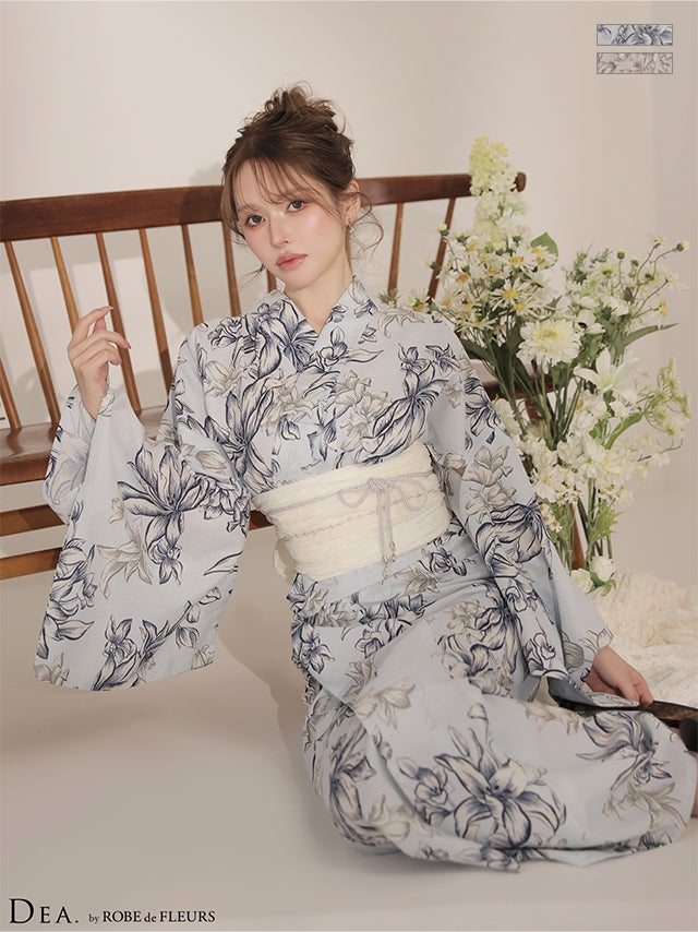 浴衣 ゆかた DEA. ROBE de FLEURS ディア ローブドフルール  淡色 クラシカル フラワープリント 3点SET