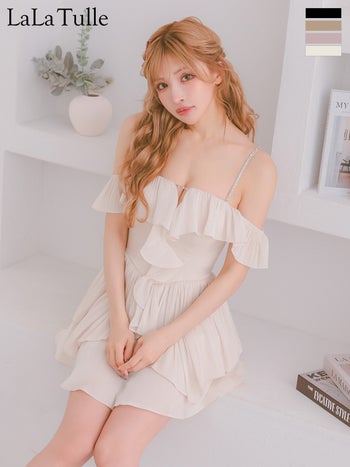 キャバドレス Angel R エンジェルアール オフショルダー 肩あき ビジューチェーン フリル シフォン バストカット フレアミニドレス