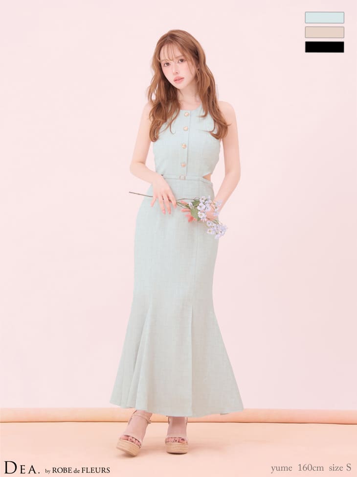 キャバドレス DEA.by ROBE de FLEURS ディア ホルターネック バックリボン ウエストカット ベルトデザイン ゴールドボタン スリット ジャガード マーメイドロングドレス