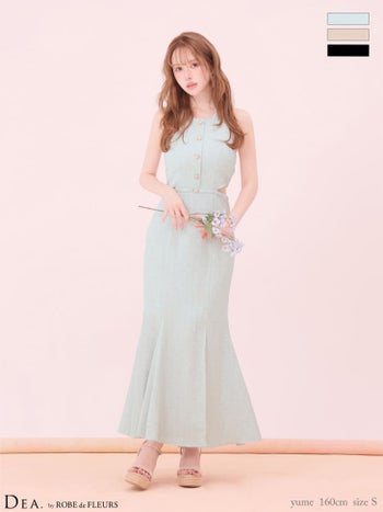 キャバドレス DEA.by ROBE de FLEURS ディア ホルターネック バックリボン ウエストカット ベルトデザイン ゴールドボタン スリット ジャガード マーメイドロングドレス