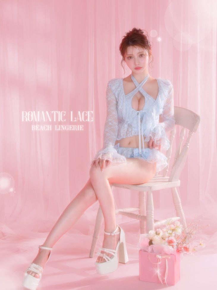 新品　robe de fleurs DecoLingerie 水着　S ピンク 水着】【Deco Lingerie/デコランジェリー】リボン フリル クロスネック