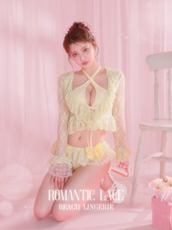 水着 Deco Lingerie デコランジェリー リボン フリル クロスネック ロマンティックレース シアースリーブ ビキニ 3点セット