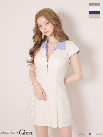 キャバドレス Glossy by ROBE de FLEURS グロッシー ローブドフルール 襟付き 半袖 ジップデザイン フェイクレイヤード プリーツ フレアミニドレス