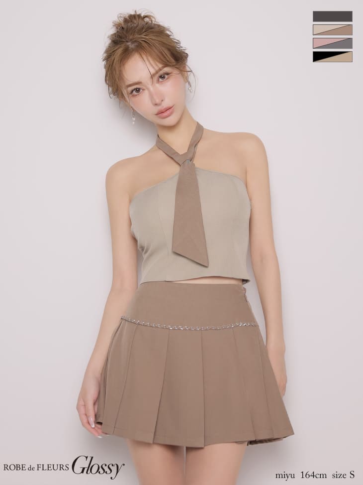 キャバドレス Glossy by ROBE de FLEURS グロッシー ホルターネック ネクタイ バックオープン ラインチェーン プリーツ セットアップ 2way フレアミニドレス
