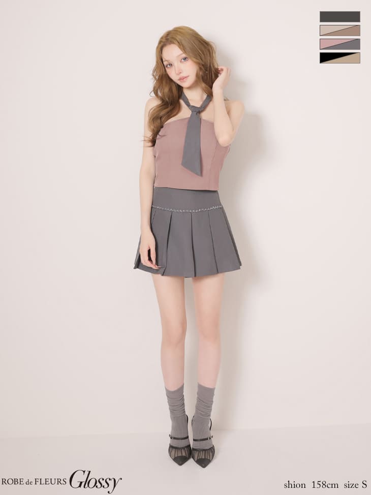 キャバドレス Glossy by ROBE de FLEURS グロッシー ネクタイ バックオープン ラインチェーン プリーツ セットアップ 2way ホルターネック フレアミニドレス