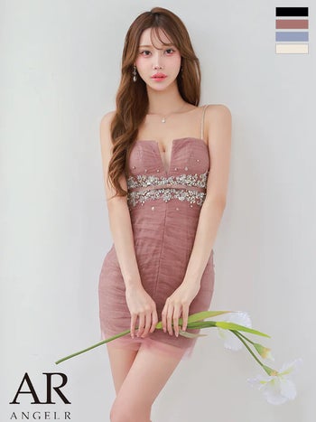 キャバドレス Angel R エンジェルアール シャーリングシアー リボン ウエストマーク ビジュー Vカット キャミソール タイトミニドレス