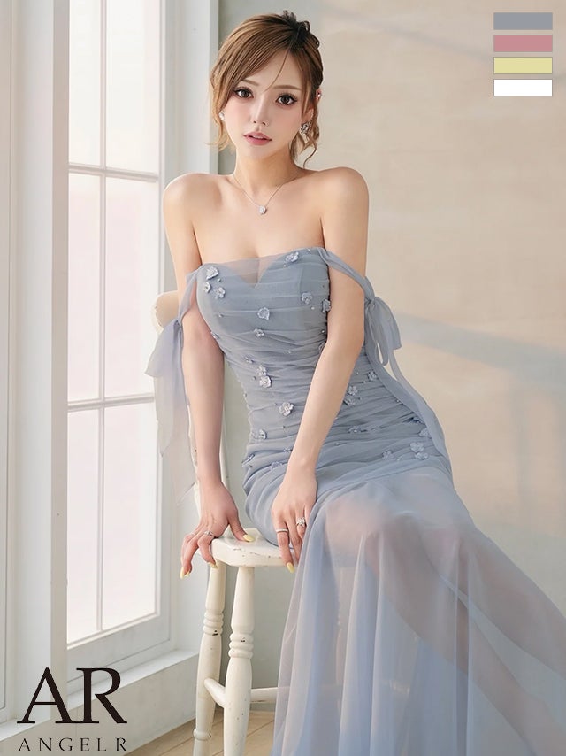 キャバドレス Angel R エンジェルアール 2way ショルダーリボン オフショルダー 立体フラワー ビジュー シャーリングシフォン マーメイドロングドレス