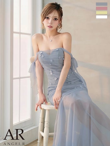 キャバドレス Angel R エンジェルアール 2way ショルダーリボン オフショルダー 立体フラワー ビジュー シャーリングシフォン マーメイドロングドレス