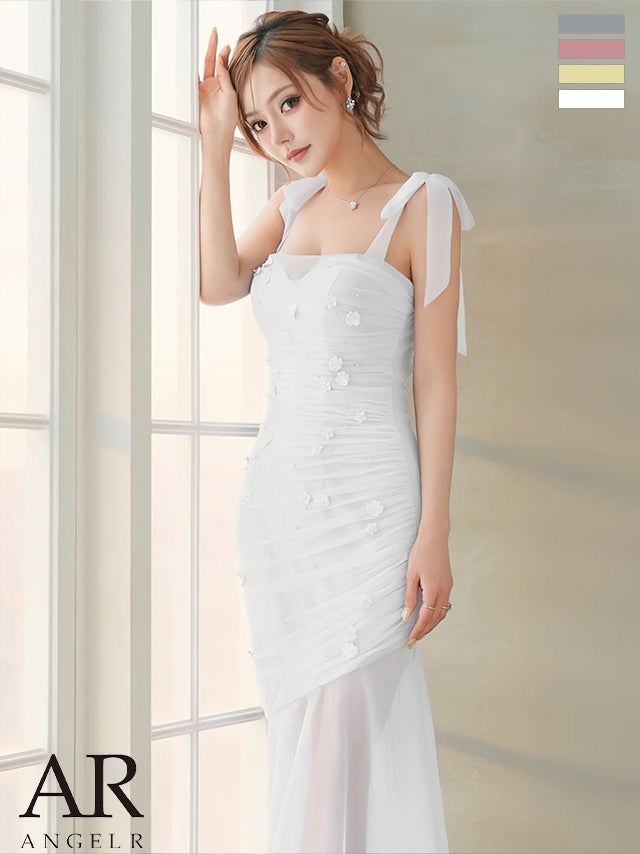キャバドレス Angel R エンジェルアール シャーリングシフォン 立体フラワー ビジュー 2way ショルダーリボン オフショルダー マーメイドロングドレス
