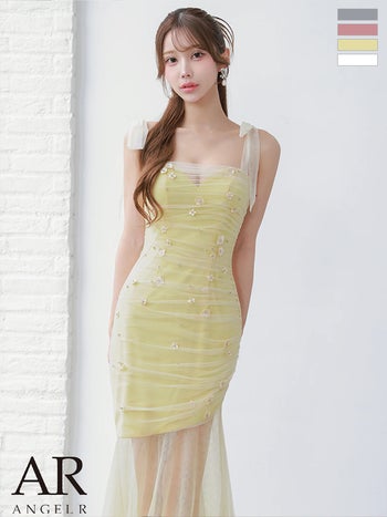 キャバドレス Angel R エンジェルアール ショルダーリボン 2way シャーリングシフォン 立体フラワー ビジュー オフショルダー マーメイドロングドレス