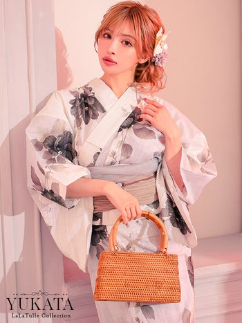 浴衣 生成り地 水彩アネモネ柄 モノトーンモダン フェミニン ゆかた2点SET