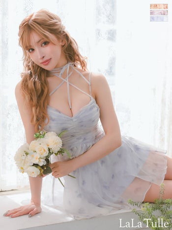 キャバドレス Angel R エンジェルアール シャーリングウエスト ネックリボン フェミニン シフォン キャミソール フラワープリント フリル フレアミニドレス