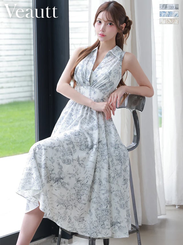 キャバドレス Veautt ヴュート 襟付き ノースリーブ Vネックデザイン ウエストマーク 花柄 Aラインロングドレス