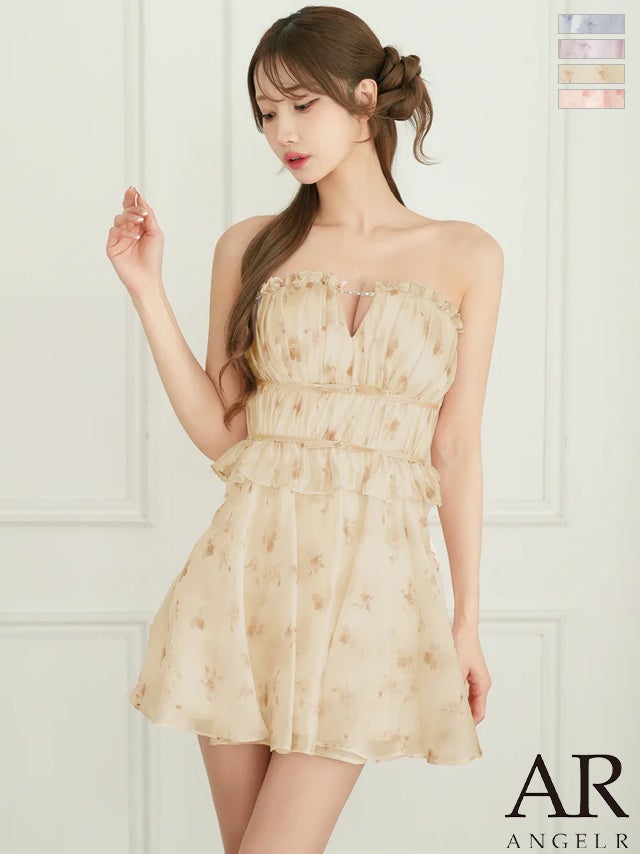 キャバドレス Angel R エンジェルアール オーガンジー 水彩フラワー ベアトップ 2way キャミソール ギャザーペプラム バストチェーン フレアミニドレス