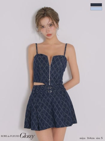 キャバドレス Glossy ROBE de FLEURS グロッシー ローブドフルール キャミソール セットアップ 格子柄 ジップデザイン デニム プリーツ フレアミニドレス 