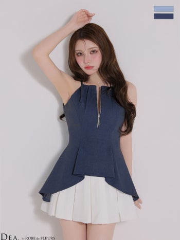 キャバドレス DEA. ROBE de FLEURS ディア ローブドフルール デニム ペプラム ジップデザイン セットアップ ホルターネック プリーツスカート フレアミニドレス