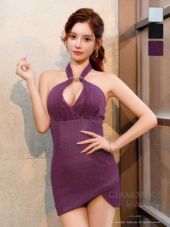 キャバドレス GLAMOROUS グラマラス ホルターネック アシンメトリー ドレープ ワンカラー バックリボン Vカット ストレッチ タイトミニドレス