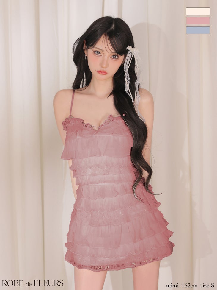 キャバドレス ROBEdeFLEURS ローブドフルール フラワーレース ティアード キャミソール セットアップ フリル ガーリー フレアミニドレス