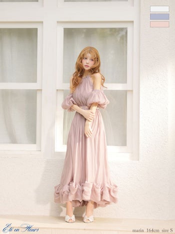 キャバドレス ROBEdeFLEURS ローブドフルール パフスリーブ ノースリーブ タック バックリボン フリル シフォン スカラップレース 2way 肩あき Aラインロングドレス