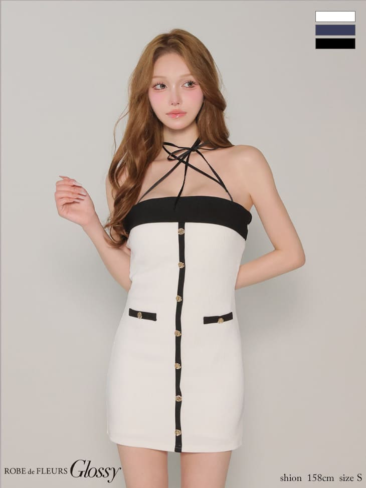 キャバドレス Glossy by ROBE de FLEURS グロッシー 2way ホルターネック クロスリボン フロントボタン リブニット バイカラー タイトミニドレス
