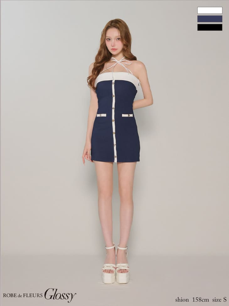 キャバドレス Glossy by ROBE de FLEURS グロッシー ホルターネック クロスリボン フロントボタン リブニット バイカラー 2way タイトミニドレス