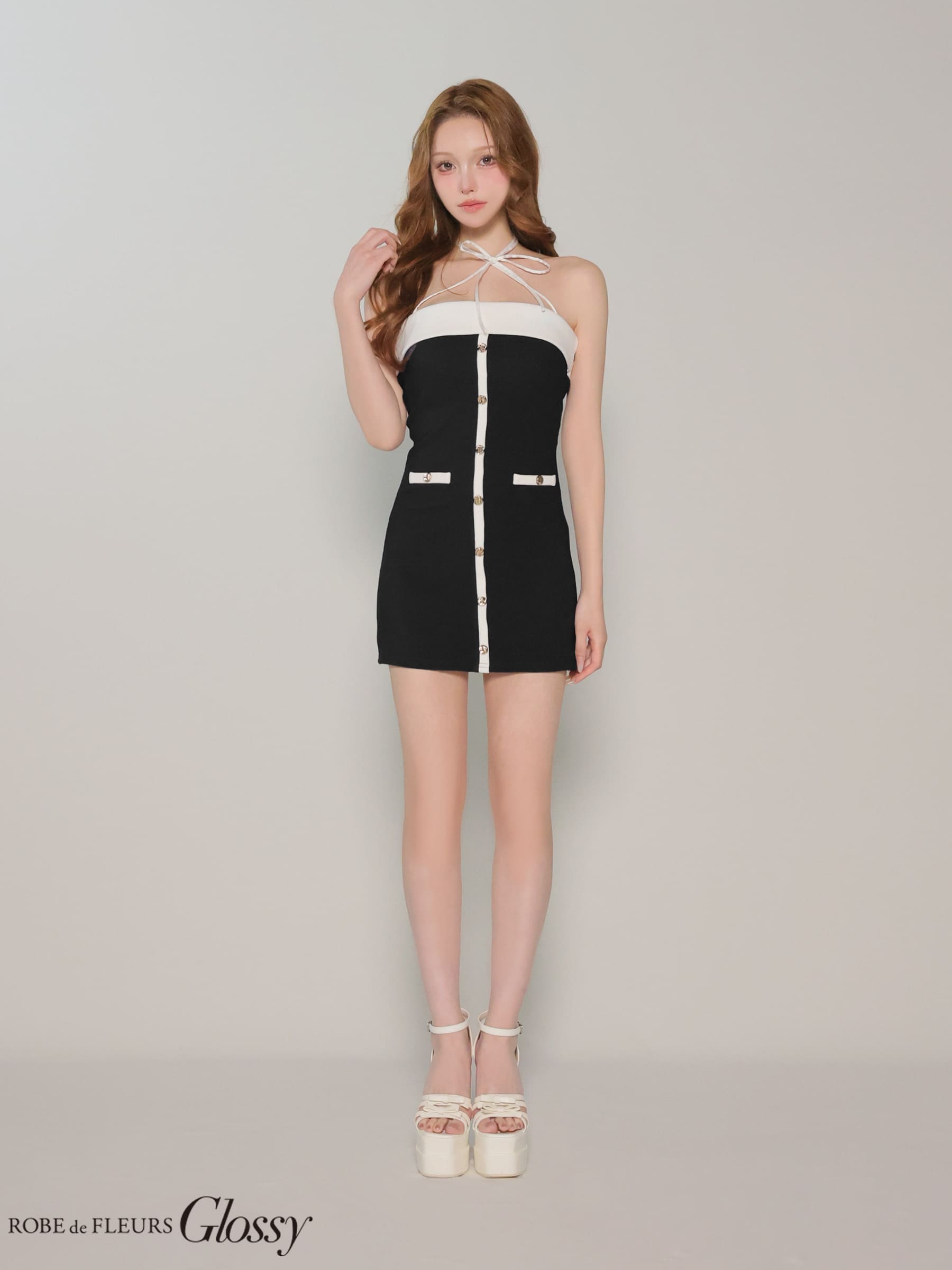 Glossy by ROBE de FLEURS/グロッシー】ホルターネック クロスリボン