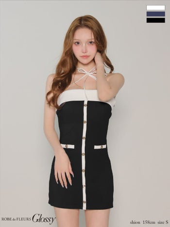 キャバドレス Glossy by ROBE de FLEURS グロッシー クロスリボン フロントボタン リブニット バイカラー 2way ホルターネック タイトミニドレス