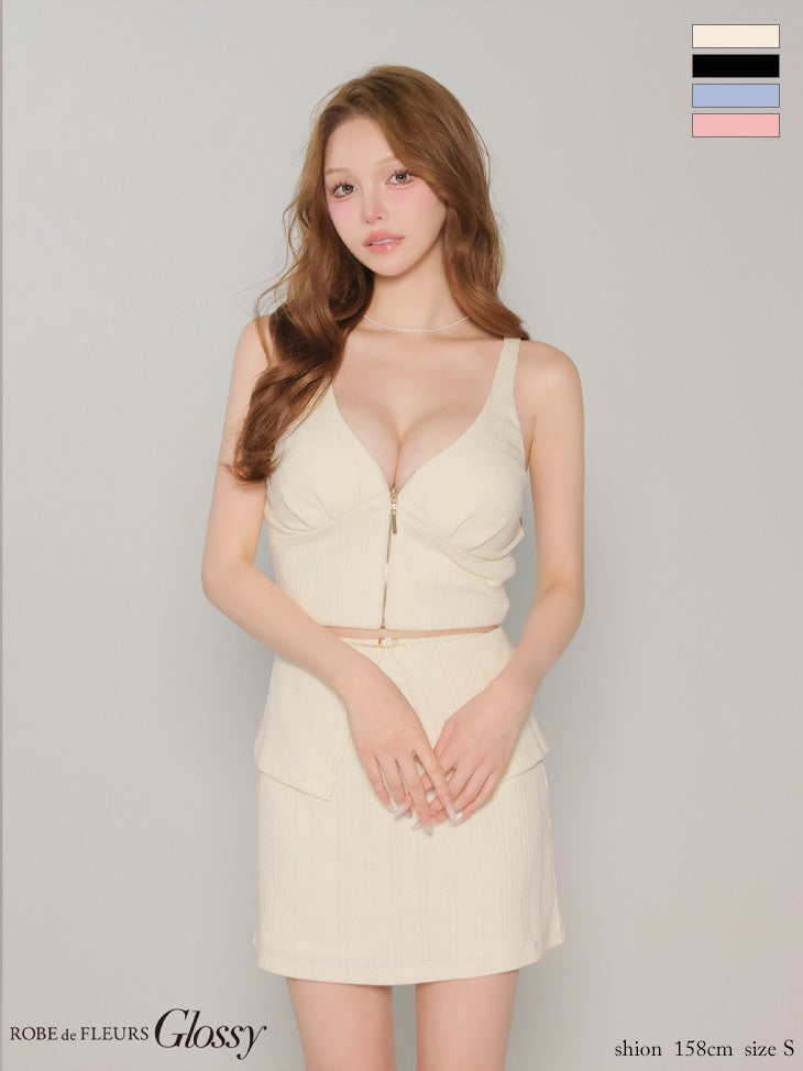 キャバドレス Glossy by ROBE de FLEURS グロッシー ローブドフルール ノースリーブ バックリボン ジップデザイン Vネック セットアップ クロシェリブニット タイトミニドレス