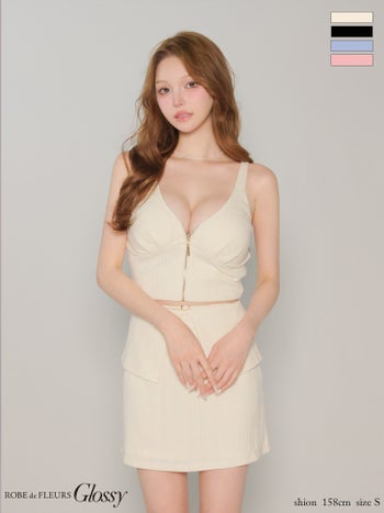 キャバドレス Glossy by ROBE de FLEURS グロッシー ローブドフルール ノースリーブ バックリボン ジップデザイン Vネック セットアップ クロシェリブニット タイトミニドレス
