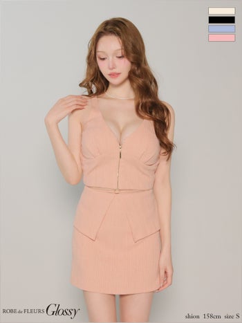 キャバドレス Glossy by ROBE de FLEURS グロッシー ローブドフルール バックリボン Vネック ジップデザイン セットアップ ノースリーブ クロシェリブニット タイトミニドレス