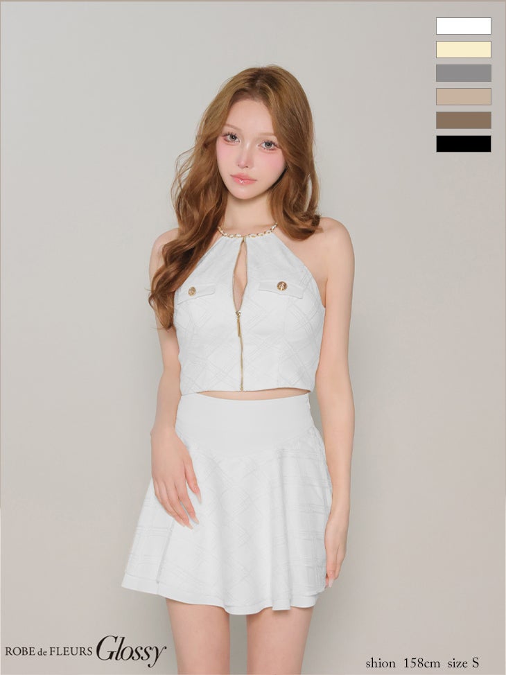 キャバドレス Glossy by ROBE de FLEURS グロッシー チェック柄 レース ツイル セットアップ モード ホルターネック ジップデザイン フレアミニドレス 
