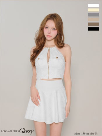 キャバドレス Glossy by ROBE de FLEURS グロッシー チェック柄 レース ツイル セットアップ モード ホルターネック ジップデザイン フレアミニドレス 