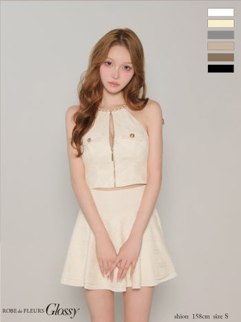 キャバドレス Glossy by ROBE de FLEURS グロッシー レース ツイル セットアップ モード ホルターネック ジップデザイン チェック柄 フレアミニドレス