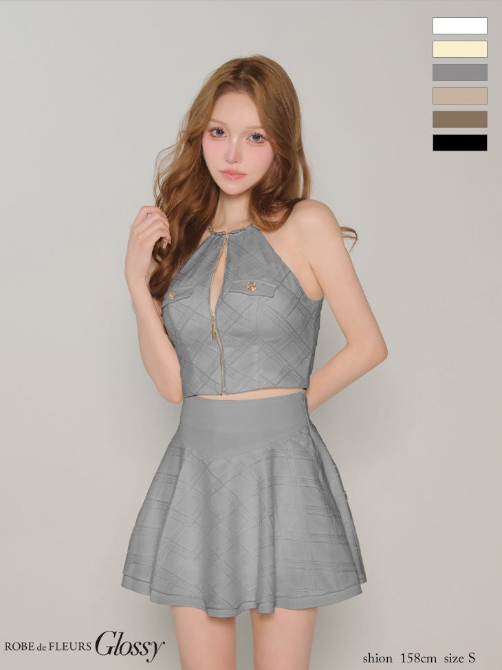 キャバドレス Glossy by ROBE de FLEURS グロッシー ツイル セットアップ モード ホルターネック ジップデザイン チェック柄 レース フレアミニドレス